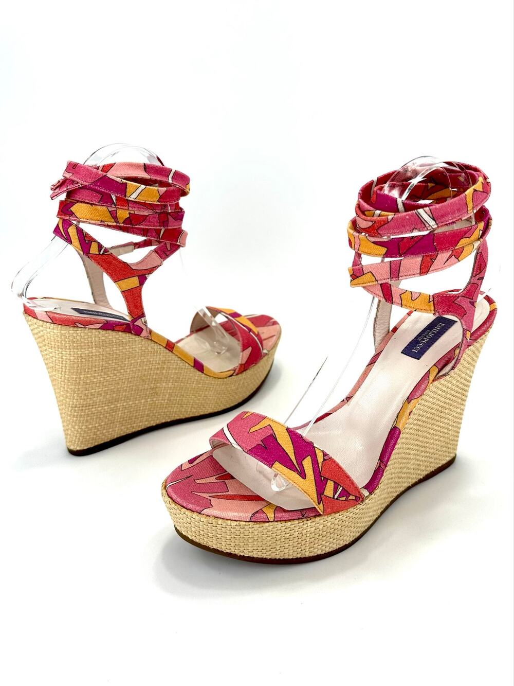 Emilio Pucci Vintage Y2K Wedge Sandal Size 10/40 Pink Multicolor Designer Italy